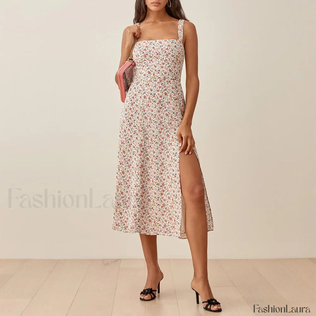 Ruched High Slit Floral Midi Dress beige / S