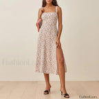 Ruched High Slit Floral Midi Dress beige / S