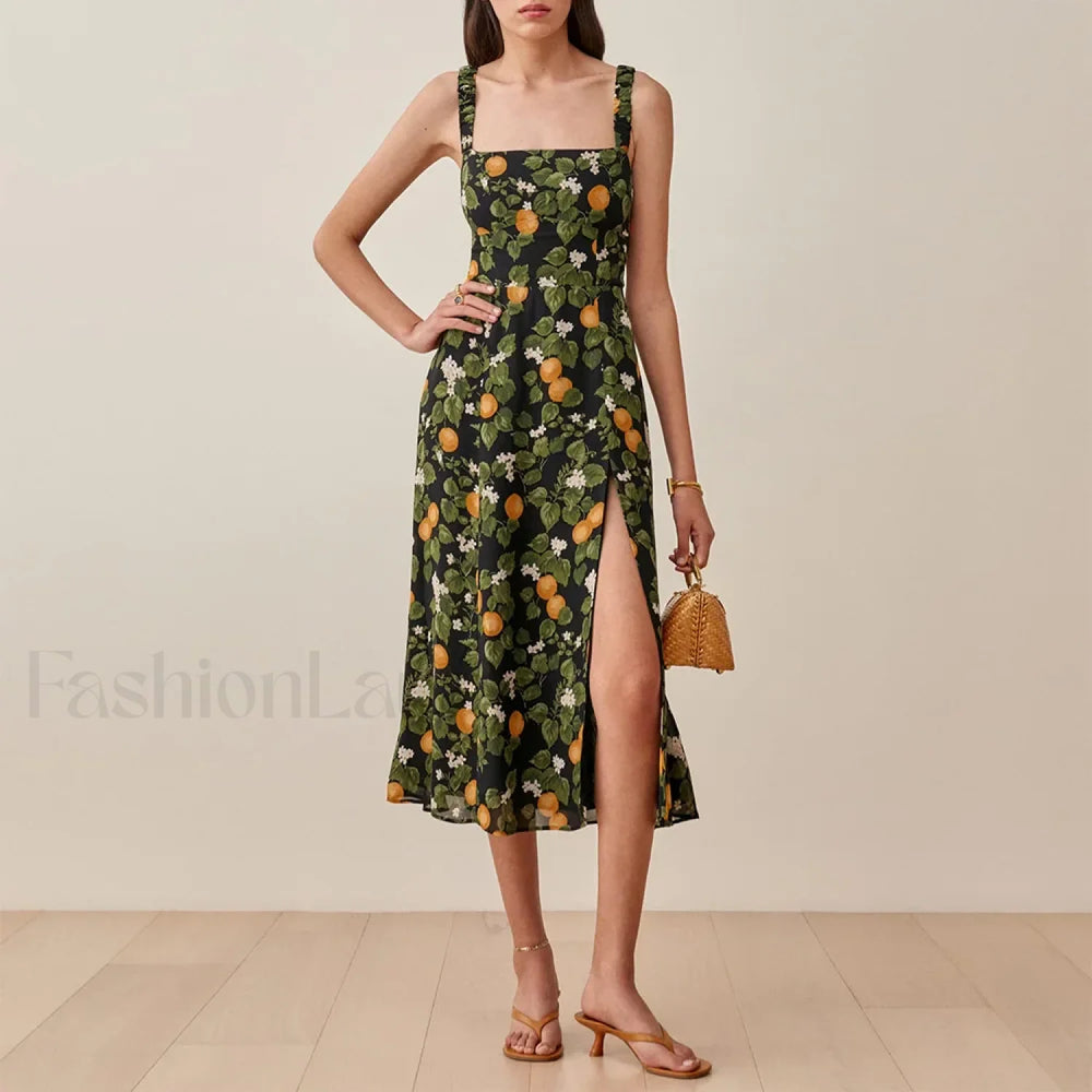 Ruched High Slit Floral Midi Dress green / S