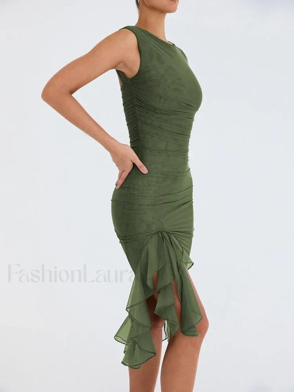 Ruched Irregular Hem Midi Dress