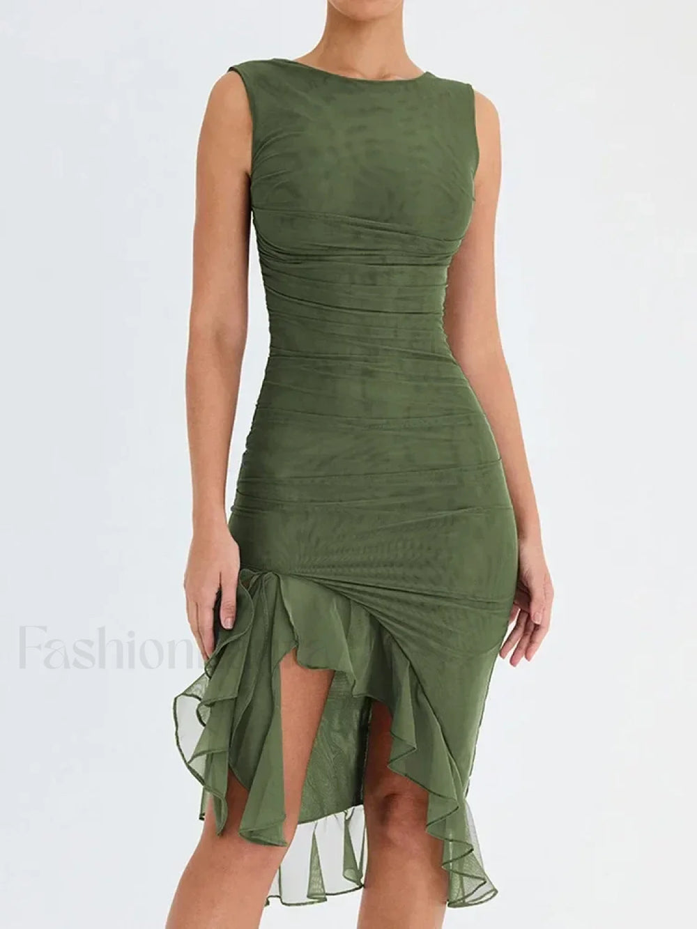 Ruched Irregular Hem Midi Dress Green / S