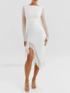 Ruched Irregular Hem Midi Dress White / S