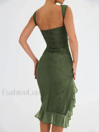 Ruched Irregular Hem Midi Dress