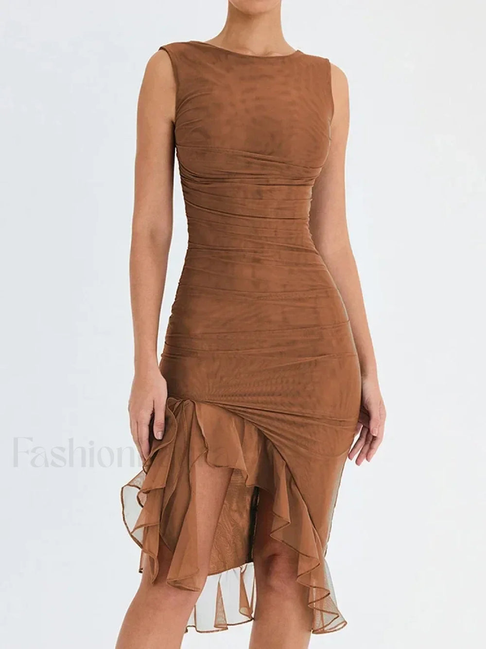 Ruched Irregular Hem Midi Dress Brown / S