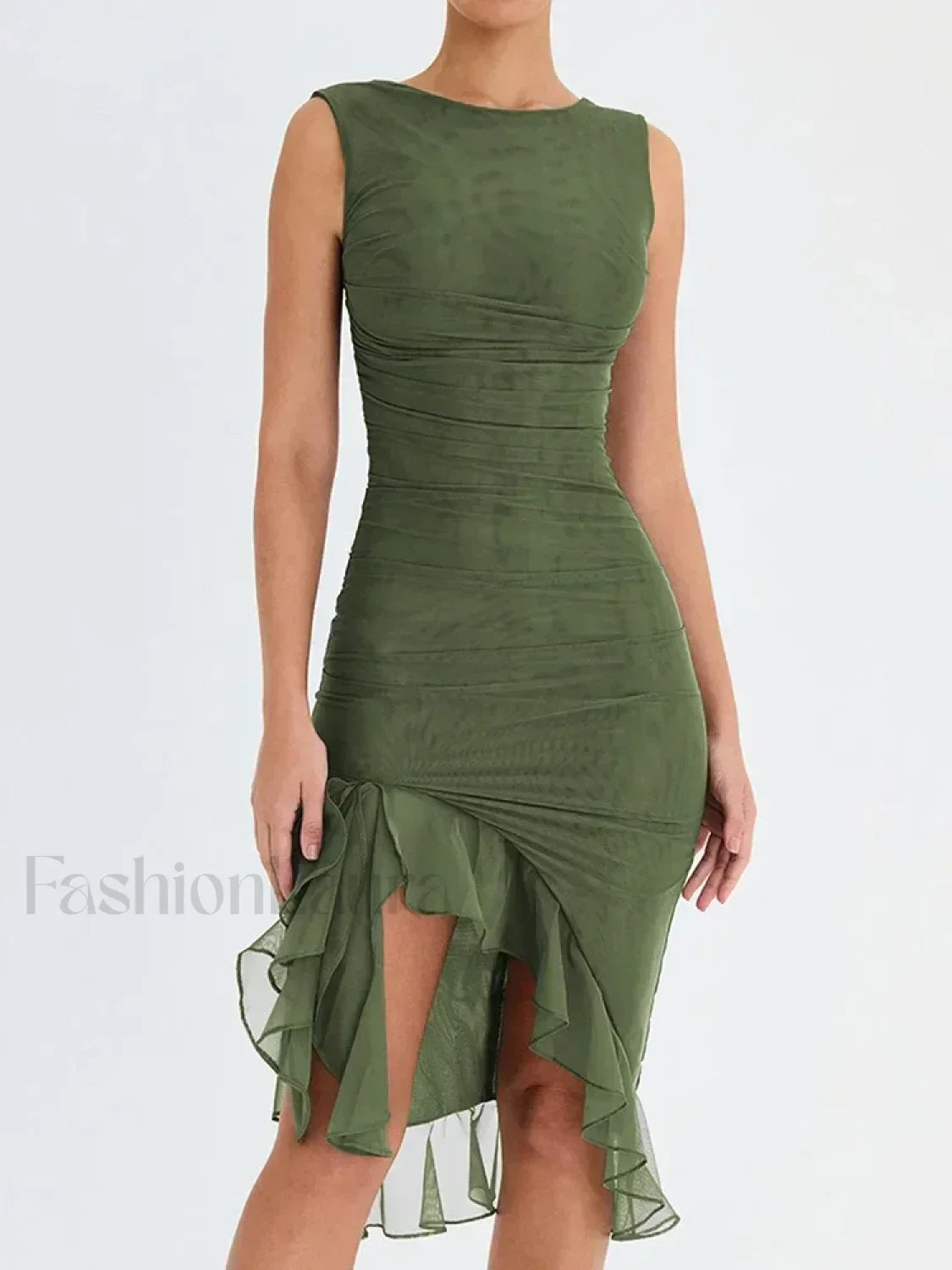 Ruched Irregular Hem Midi Dress Green / S Main image
