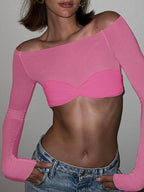 Ruched Off Shoulder Long Sleeve Crop Top Pink / S Tops&Tees