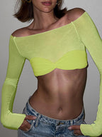 Ruched Off Shoulder Long Sleeve Crop Top Green / S Tops&Tees