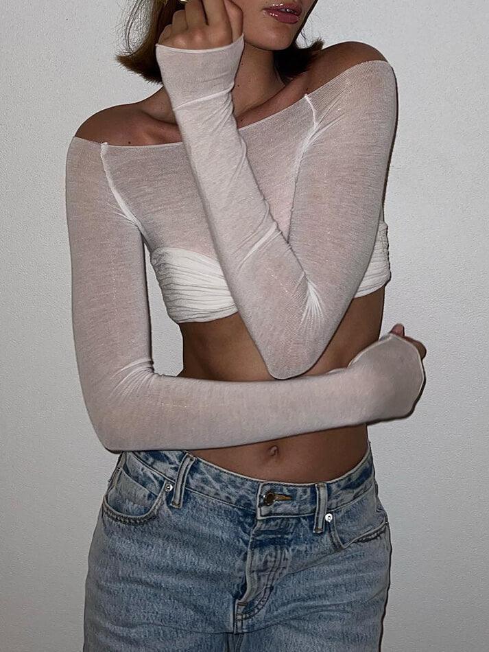Ruched Off Shoulder Long Sleeve Crop Top Tops&Tees