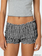 Ruched Plaid Print Slim Fit Low Waist Casual Summer Short black / S