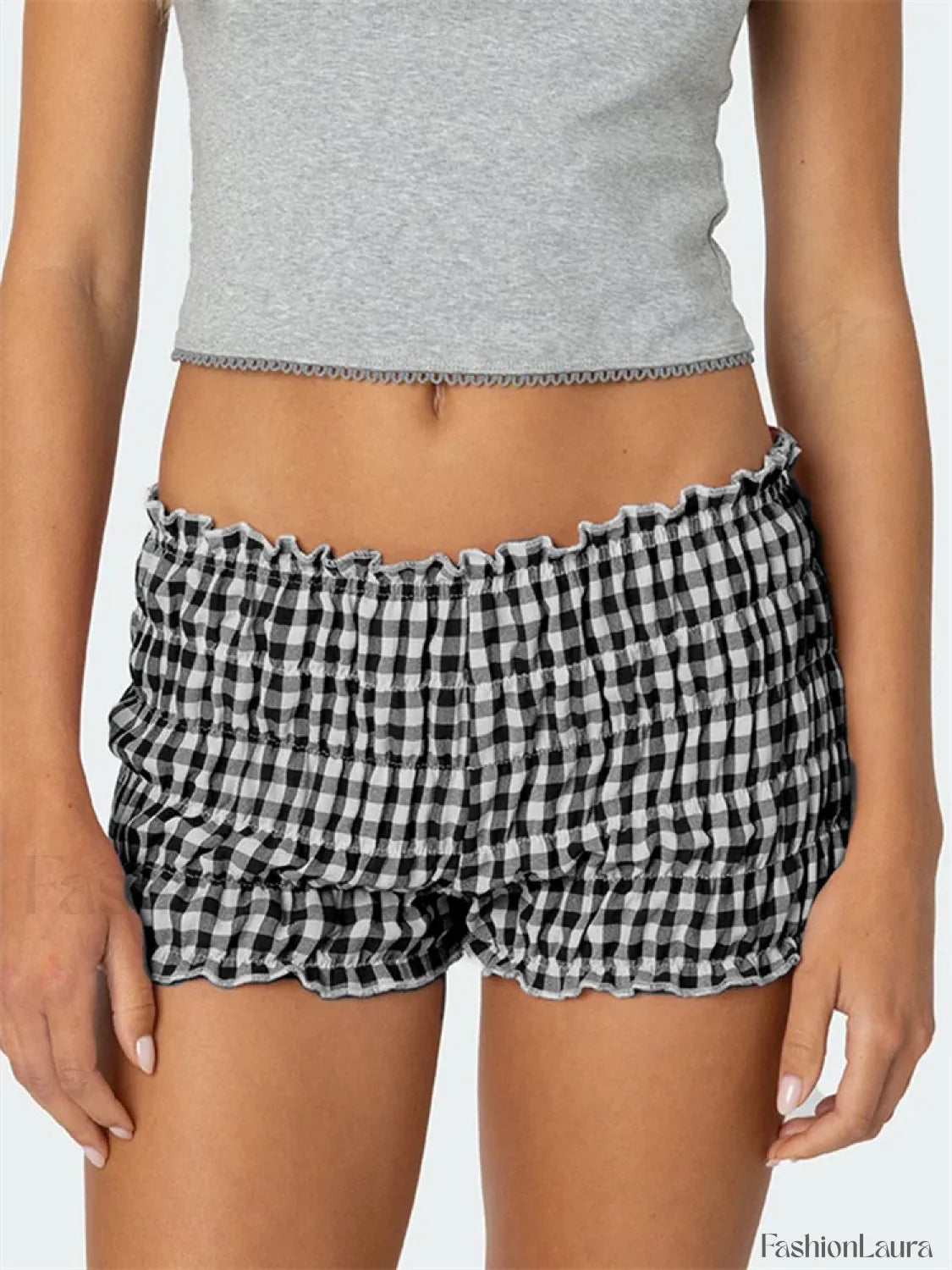 Ruched Plaid Print Slim Fit Low Waist Casual Summer Short black / S