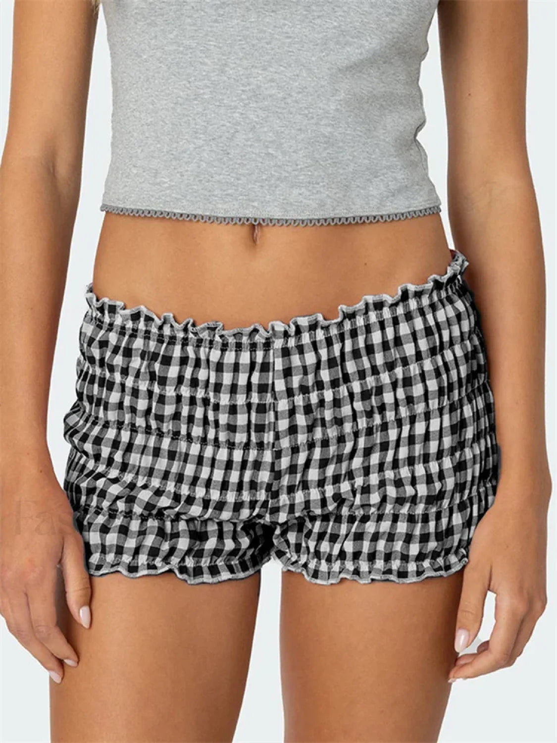 Ruched Plaid Print Slim Fit Low Waist Casual Summer Short black / S