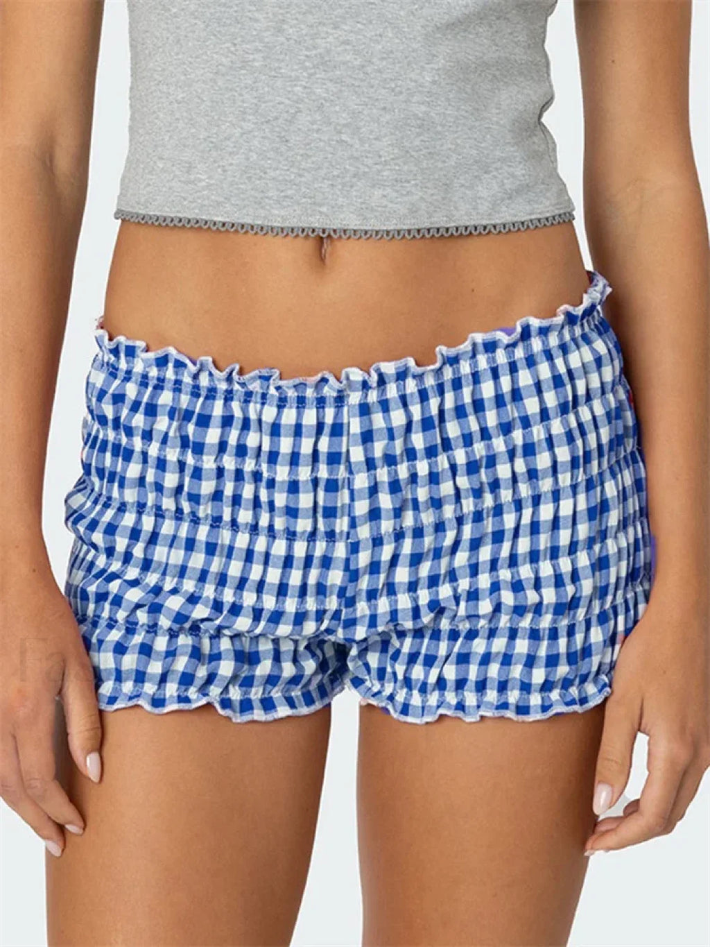 Ruched Plaid Print Slim Fit Low Waist Casual Summer Short blue / S