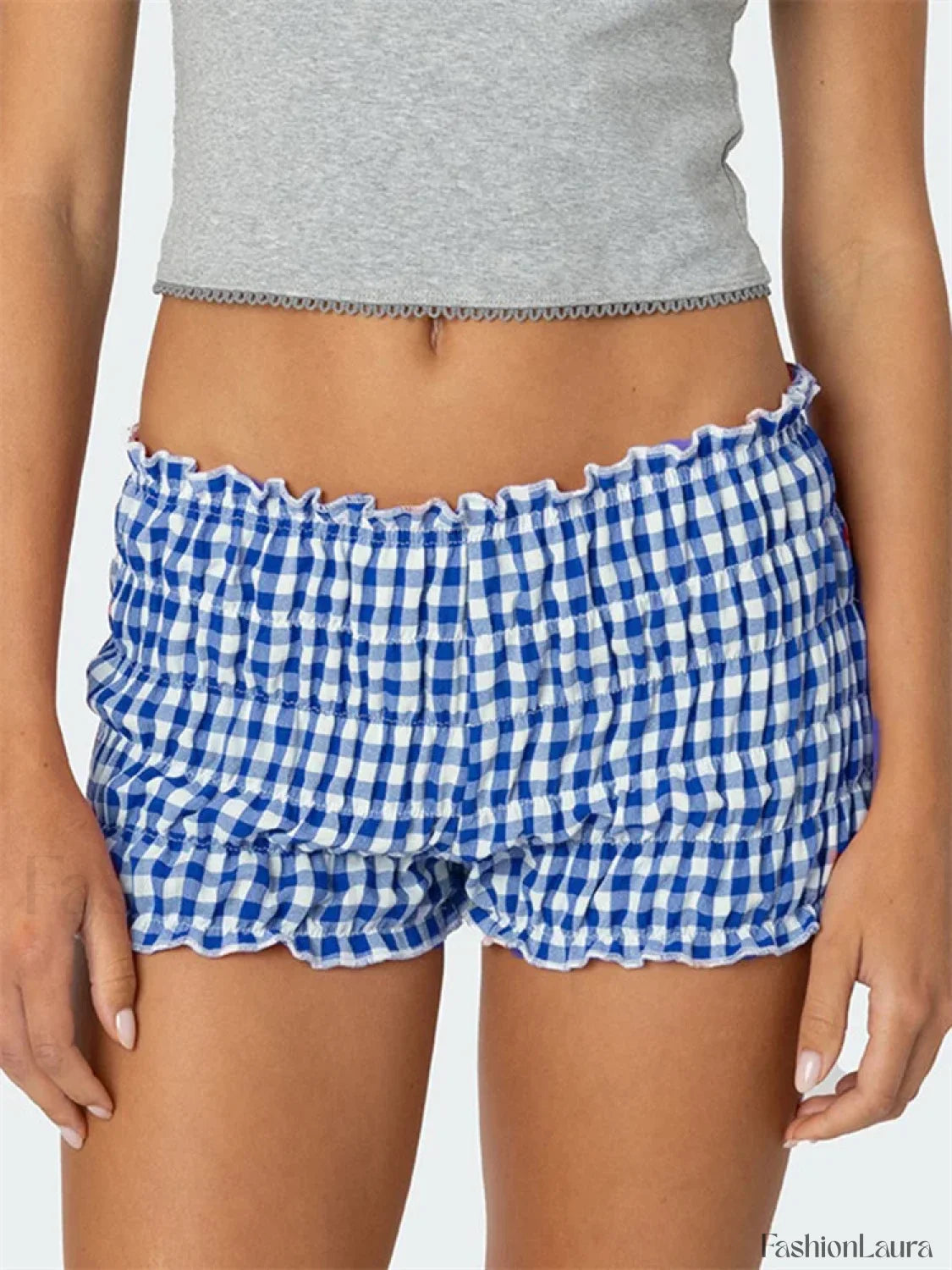 Ruched Plaid Print Slim Fit Low Waist Casual Summer Short blue / S