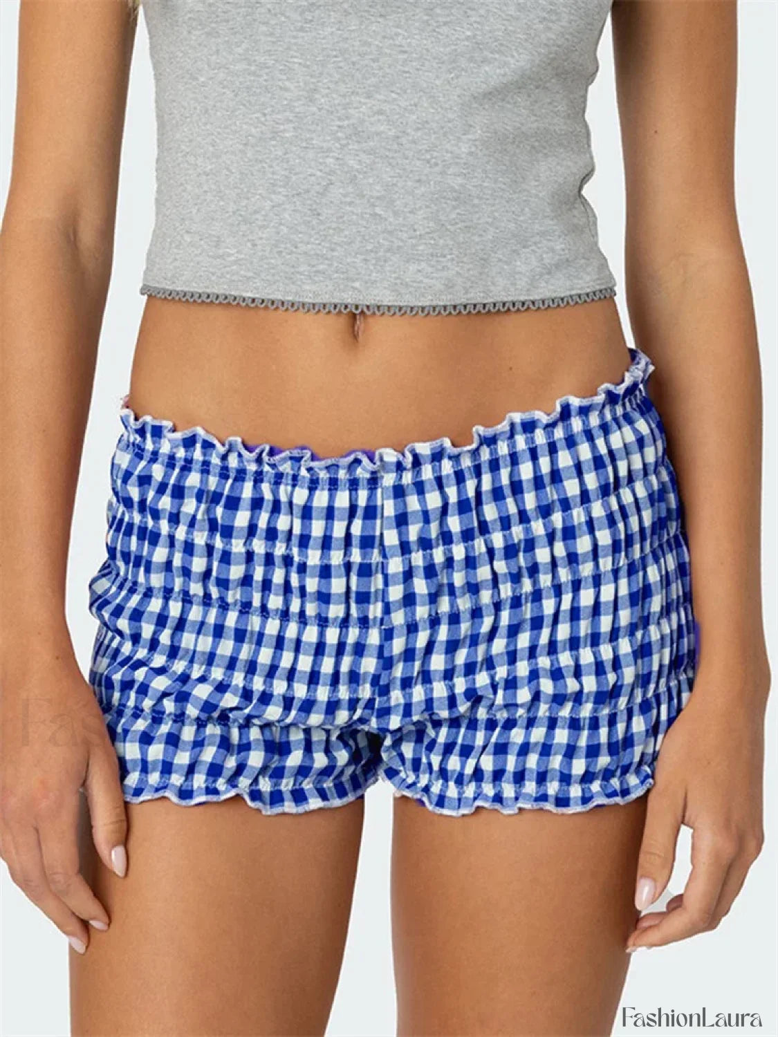 Ruched Plaid Print Slim Fit Low Waist Casual Summer Short dark blue / S