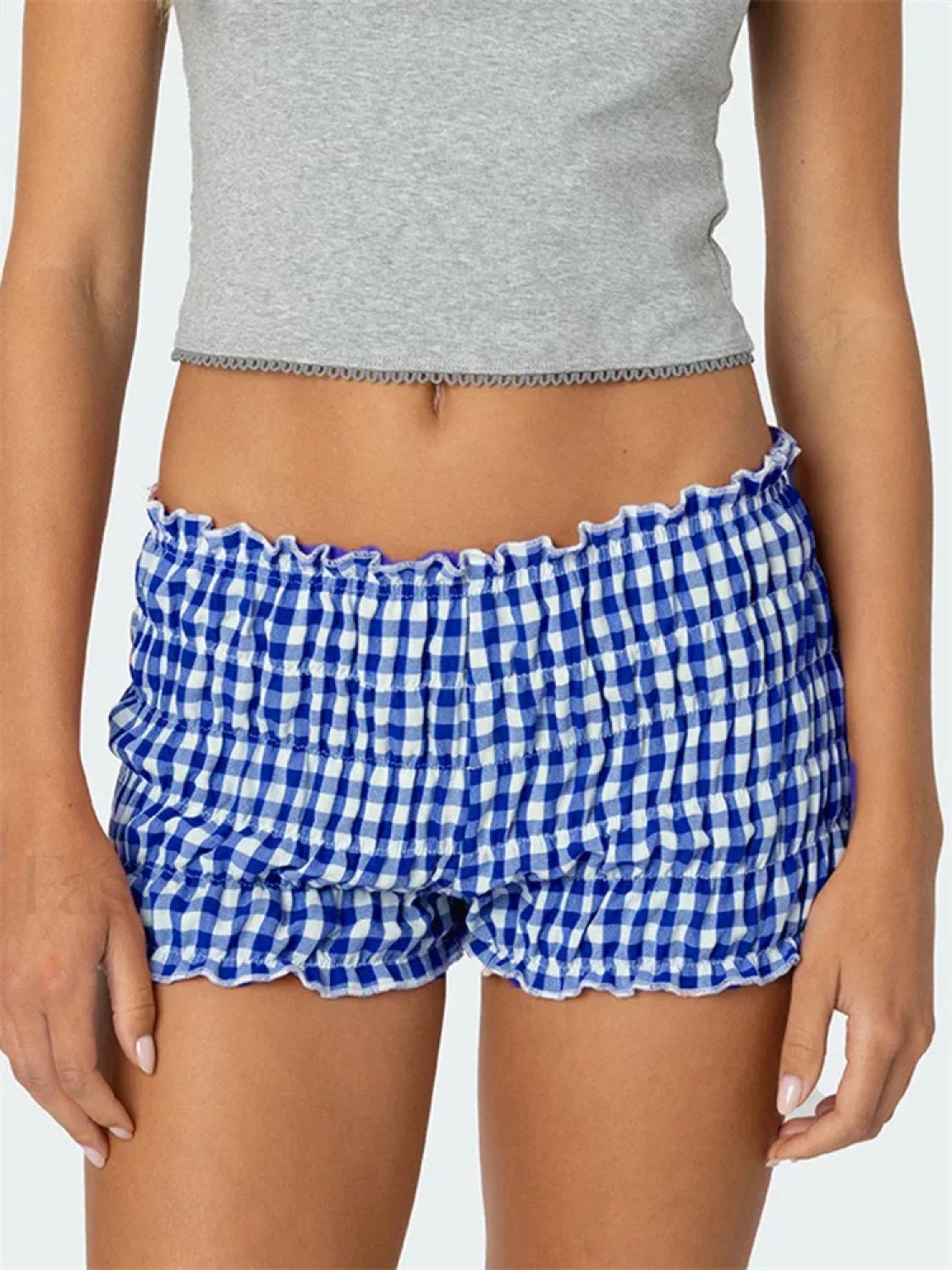 Ruched Plaid Print Slim Fit Low Waist Casual Summer Short dark blue / S