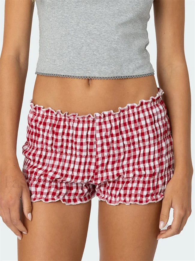 Ruched Plaid Print Slim Fit Low Waist Casual Summer Short red / S Main image