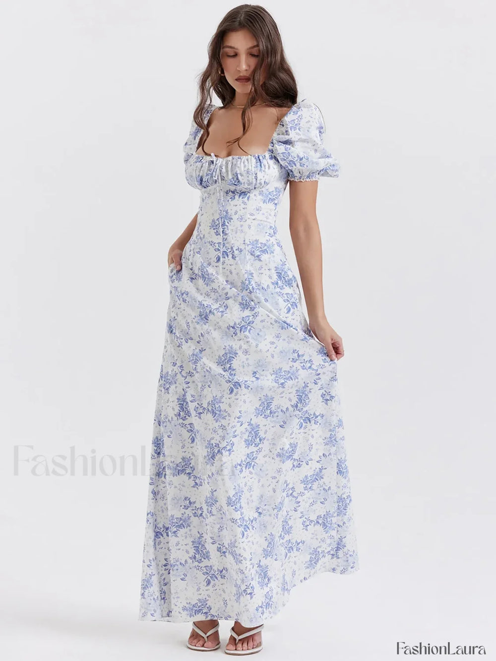 Ruched Pocket Sleeve Floral Dress Blue / S