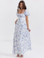 Ruched Pocket Sleeve Floral Dress Blue / S