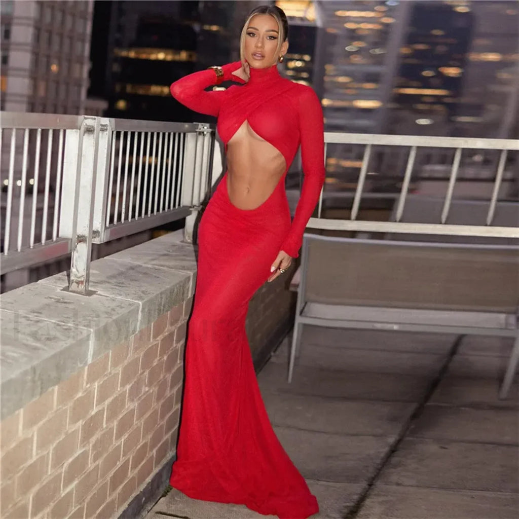 Ruched Red Cut Out Maxi Dress