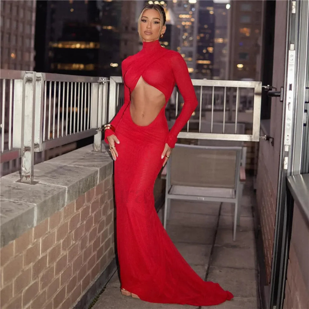 Ruched Red Cut Out Maxi Dress Red / S