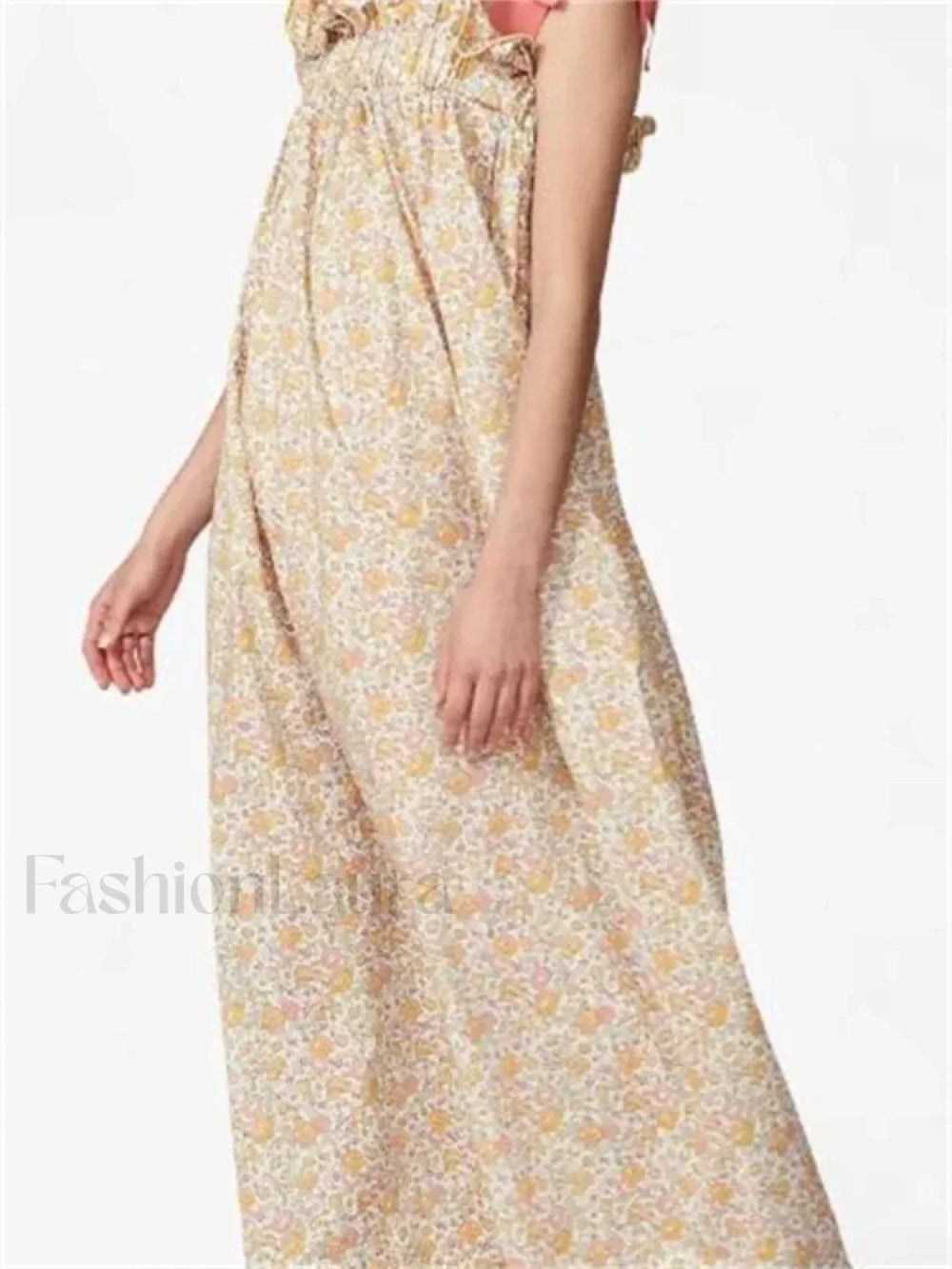 Ruched Ruffle Tie Strap Maxi Dress beige / S