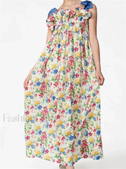 Ruched Ruffle Tie Strap Maxi Dress white / S