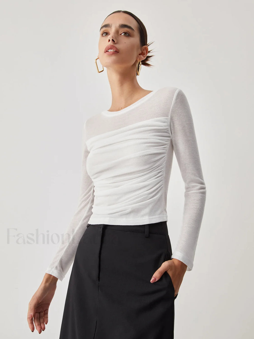 Ruched Semi Sheer Graceful Long Sleeve Shirt Off White / S T Shirts