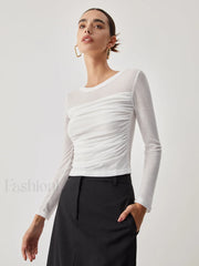 Ruched Semi Sheer Graceful Long Sleeve Shirt Off White / S T Shirts