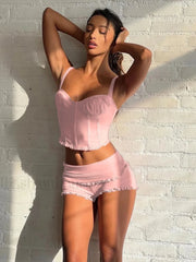 Ruched Square Collar Crop Top Ruffles Shorts Two Piece Set Pink / S