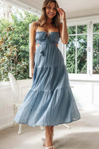 Ruched Tie Up Stylish Strappy Maxi Dress S / Blue