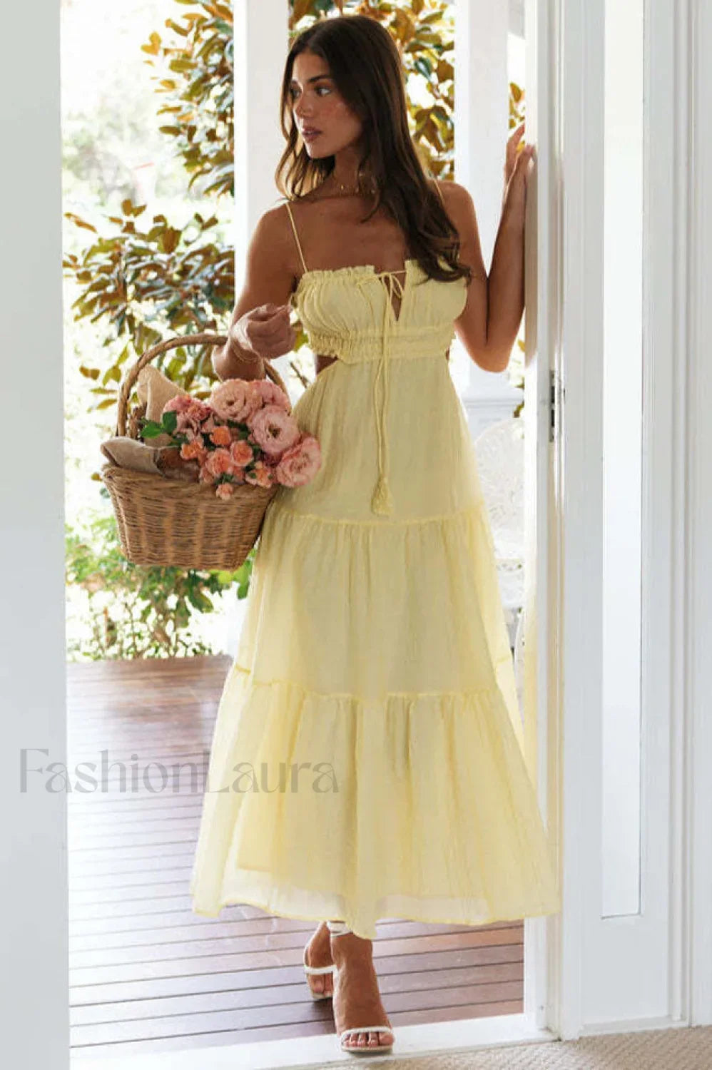 Ruched Tie Up Stylish Strappy Maxi Dress S / Buttercup Main image