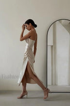 Ruched Trim High Charming Split Cami Midi Dress
