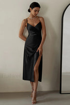 Ruched Trim High Charming Split Cami Midi Dress S / Black
