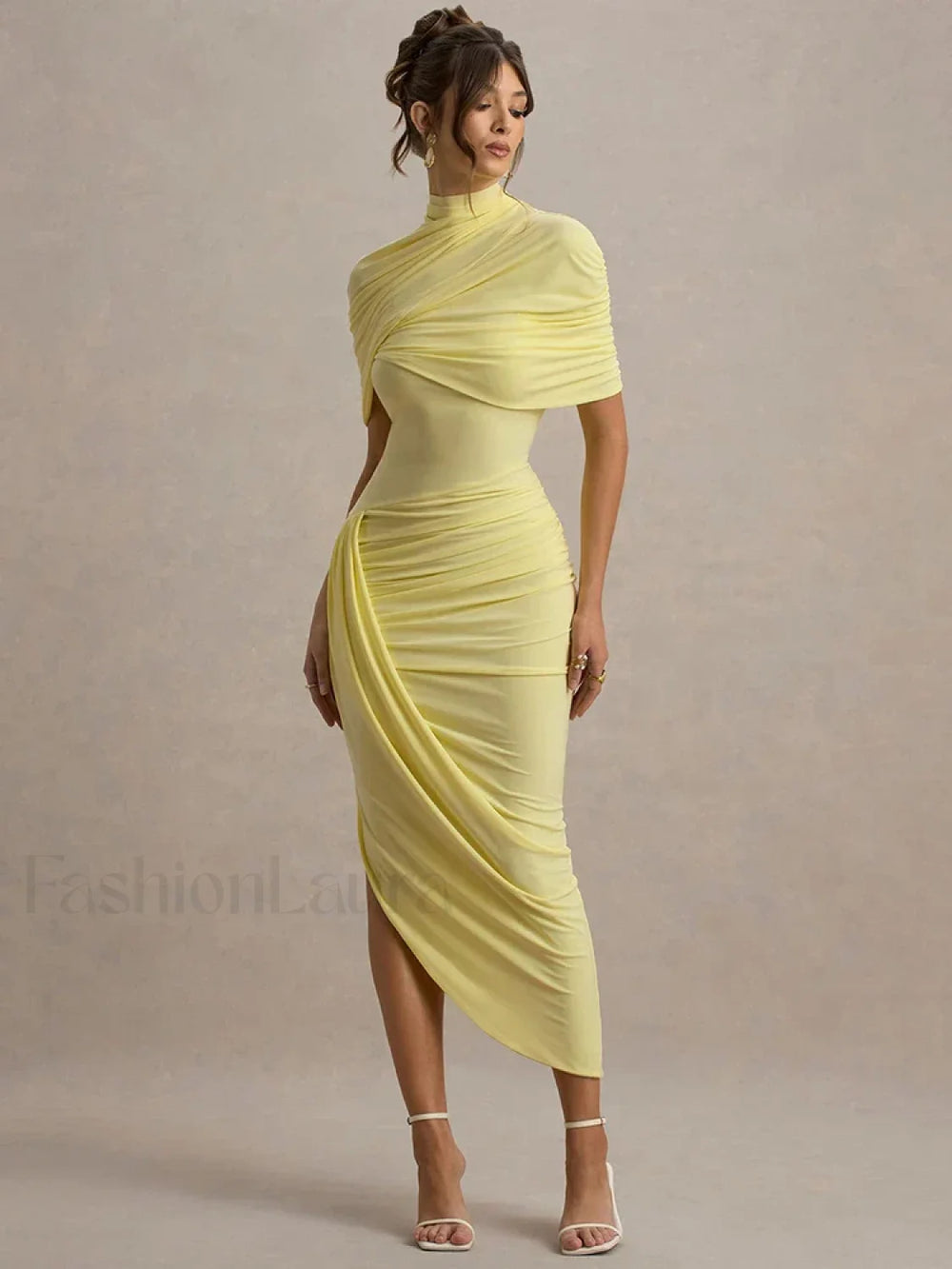 Ruched Turtleneck Midi Dress Yellow / S