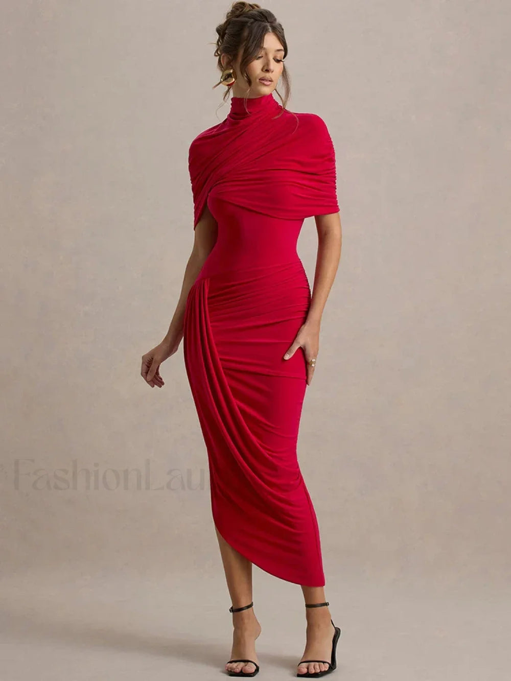 Ruched Turtleneck Midi Dress Red / S