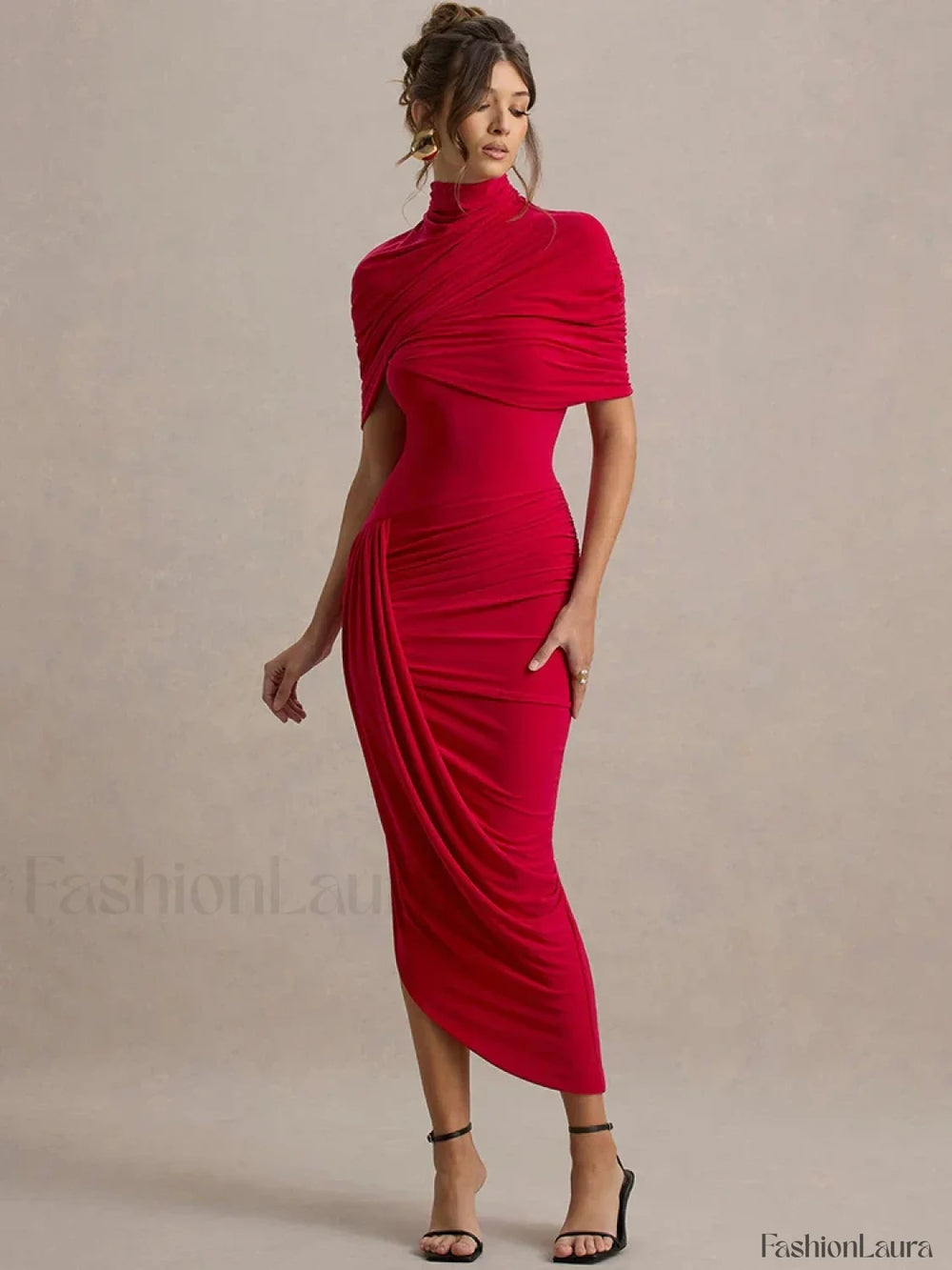 Ruched Turtleneck Midi Dress Red / S