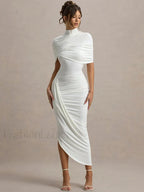 Ruched Turtleneck Midi Dress WHITE / S