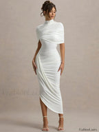 Ruched Turtleneck Midi Dress WHITE / S