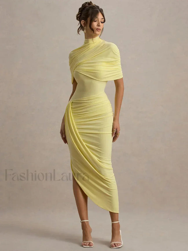 Ruched Turtleneck Midi Dress Yellow / S Main image
