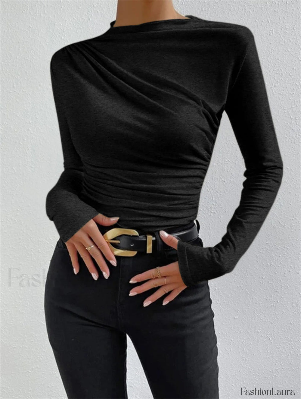 Ruching Long Sleeve Shirt Black / XS T Shirts