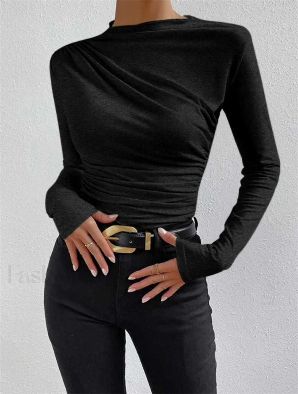 Ruching Long Sleeve Shirt Black / XS T Shirts
