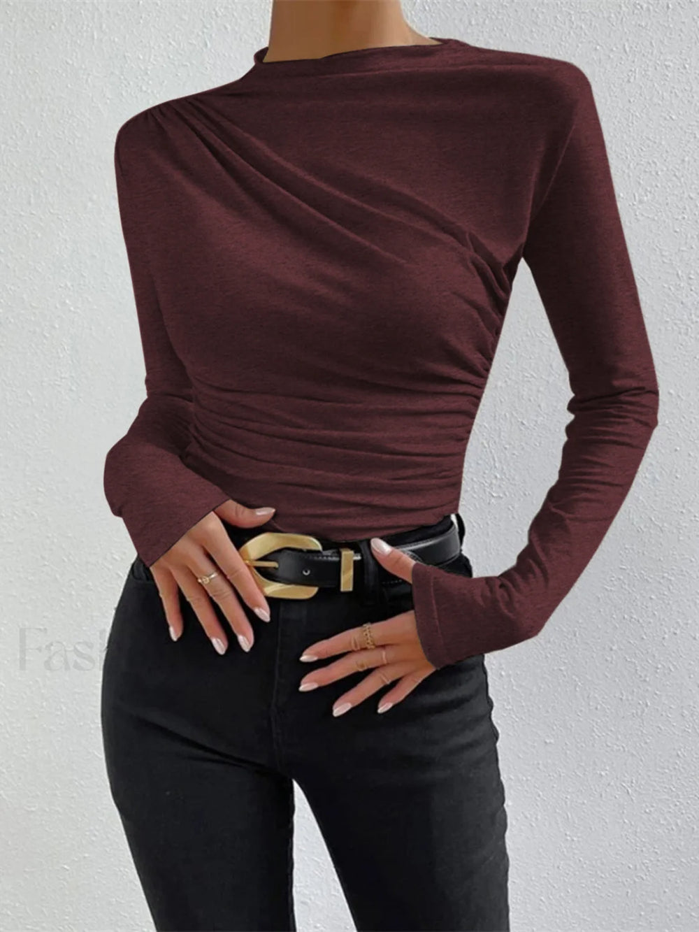 Ruching Long Sleeve Shirt Burgundy / XS T Shirts