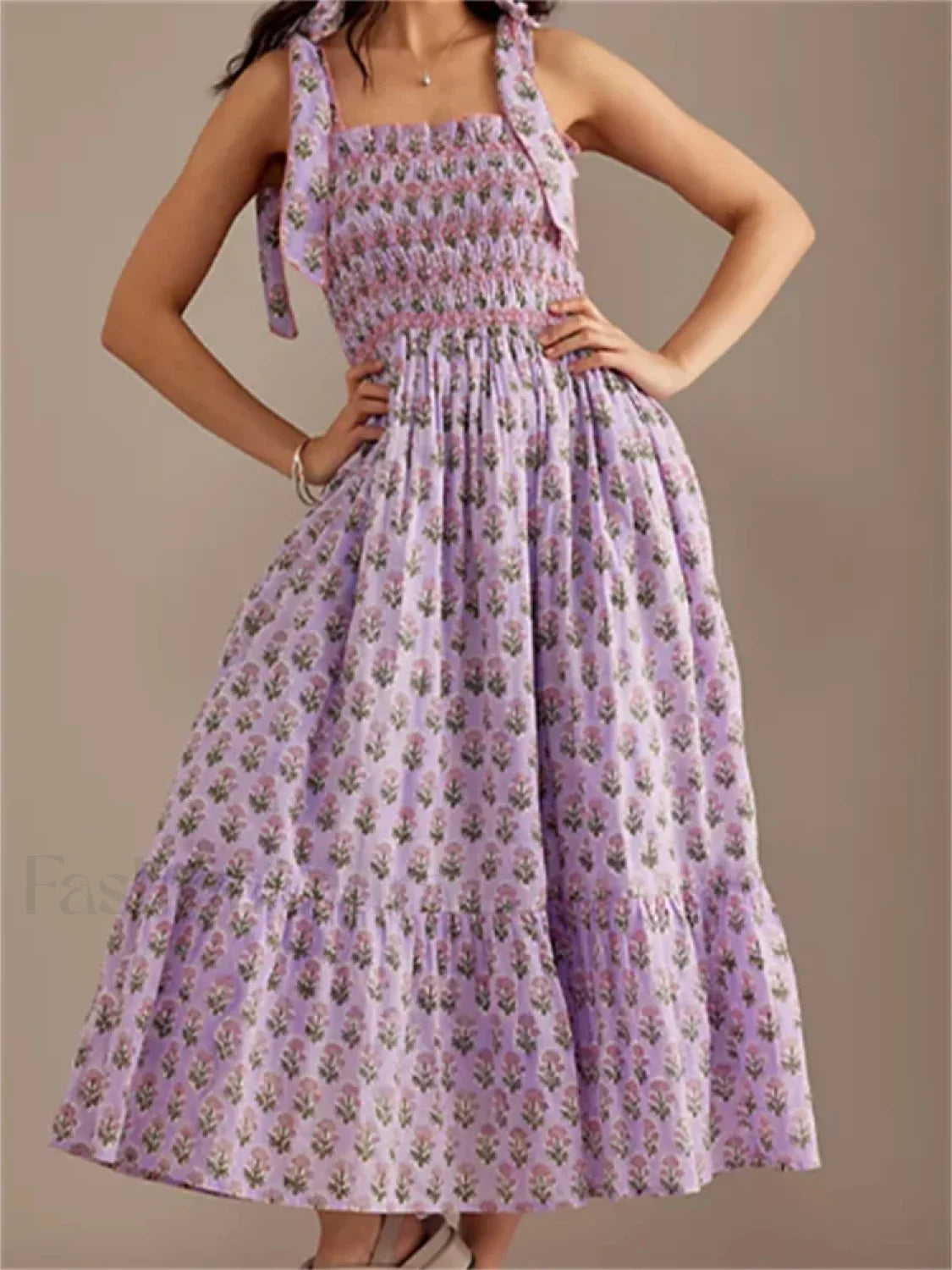 Ruffle Floral High Waist Maxi Dress purple / S
