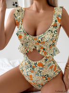 Ruffle Floral Printed Hollow Out One Piece