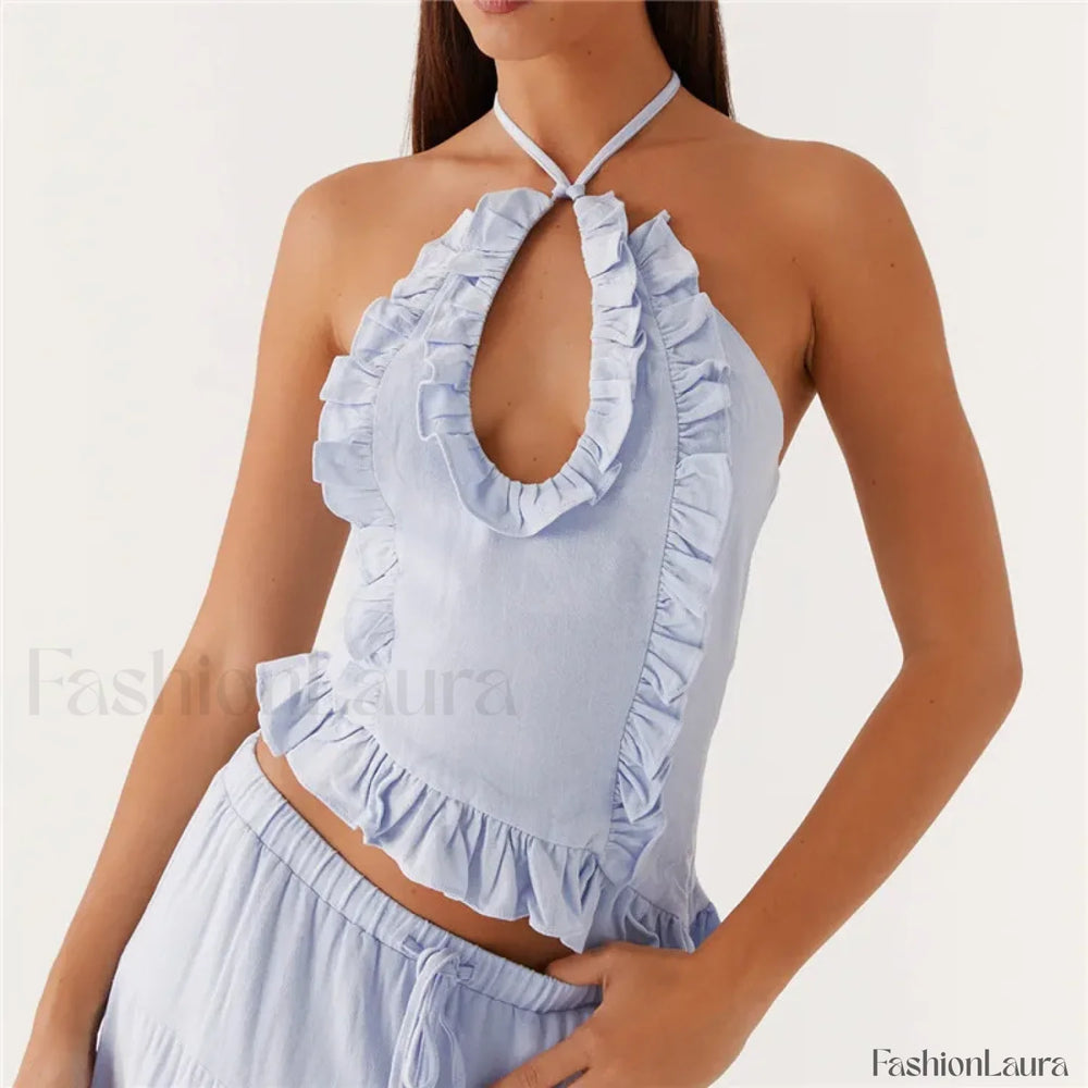 Ruffle Frill Cut Out Crop Top BLUE / S