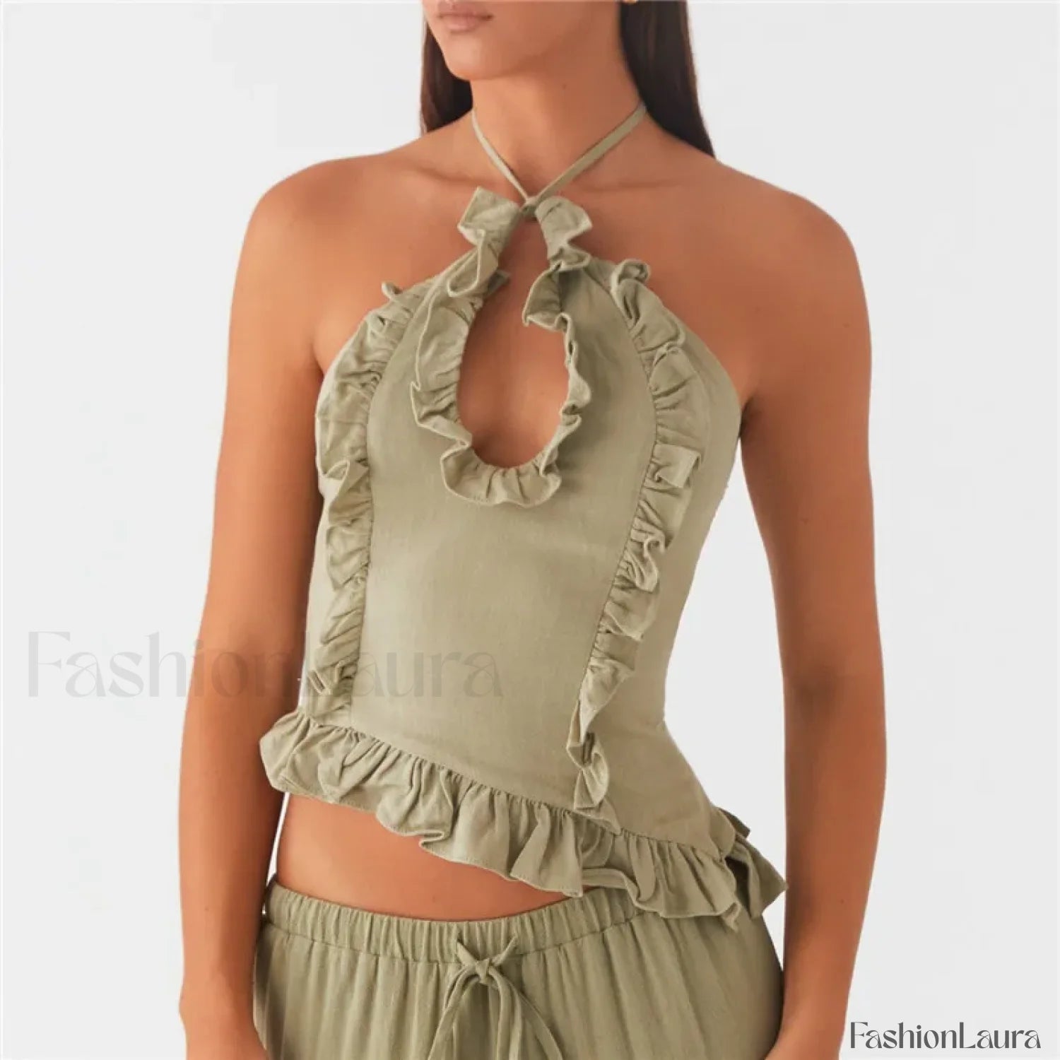 Ruffle Frill Cut Out Crop Top GREEN / S