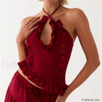 Ruffle Frill Cut Out Crop Top RED / S