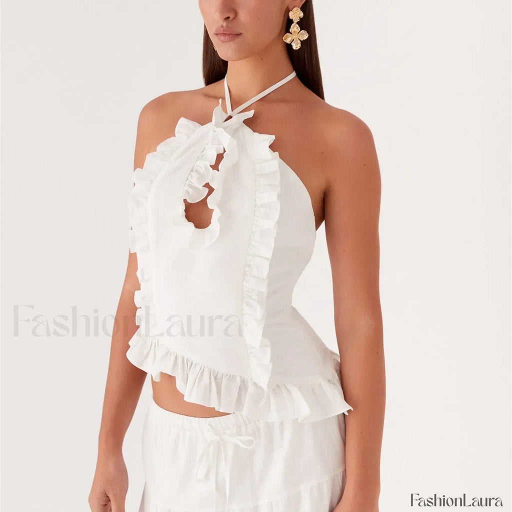 Ruffle Frill Cut Out Crop Top WHITE / S