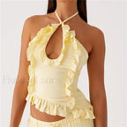 Ruffle Frill Cut Out Crop Top YELLOW / S