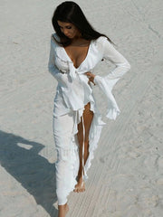 Ruffle Long Sleeve Lace Up Cover Up